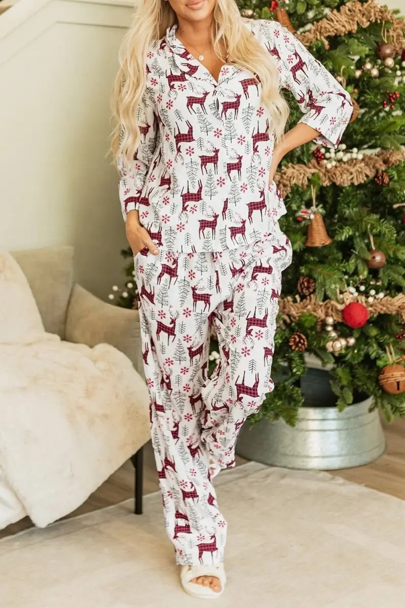White Christmas Printed Shirt and Pants Pajama Set - Love Salve
